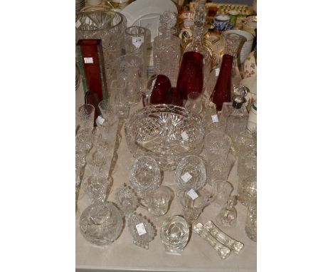 Glassware - cut glass decanters, cut glass vase, fruit bowl, ruby glass vase, whisky tumblers; etc qty