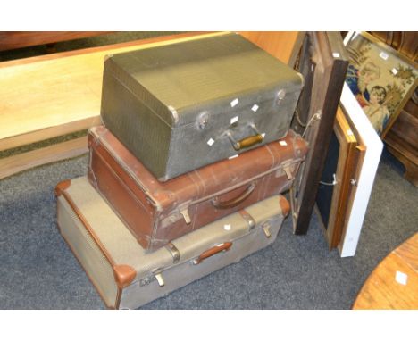 Vintage luggage- a 1950s suitcase, another; a cased sewing machine; vintage clothing