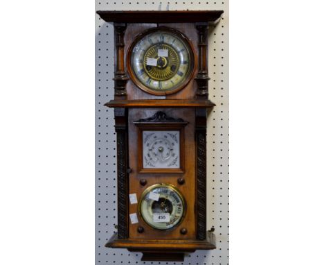 An Edwardian walnut combination wall clock, thermometer and barometer, twin winding holes, c.1870