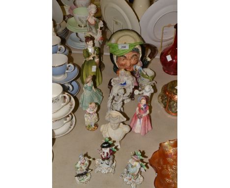 Ceramics - a Royal Doulton character jug Sairey Gamp, a Royal Doulton figure Diana, a pair of Sitzendorf figures,another,  a 