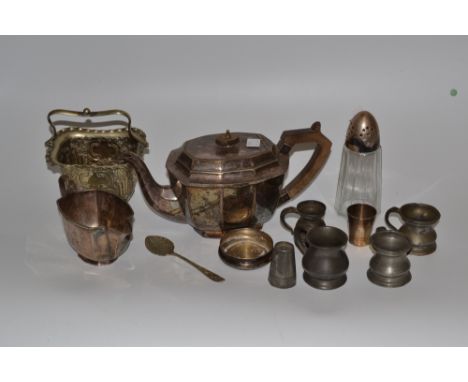 Silver Plated Ware - a teapot, caster; silver cover; Pewter mugs; etc