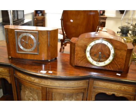 A George V burr walnut mantel clock c.1930, another (2)