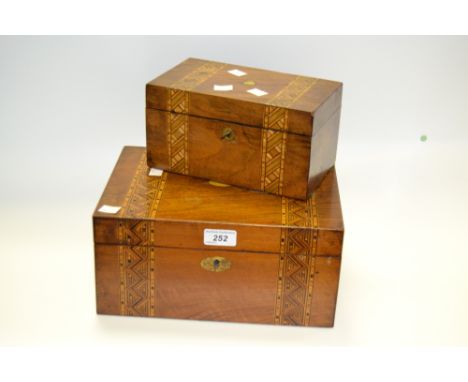 A Victorian mahogany, Tunbridge Ware  tea caddy; a Victorian mahogany ,Tunbridge Ware writing slope (2)
