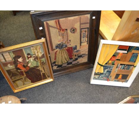 A twentieth century oak framed wool tapestry of an interior scene, others (3)