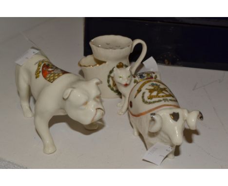 Crested Ware - a Willow art Ram , Notts and Derby regimental motto;  others bulldog, Castleton crest, shaving mug Foresters c