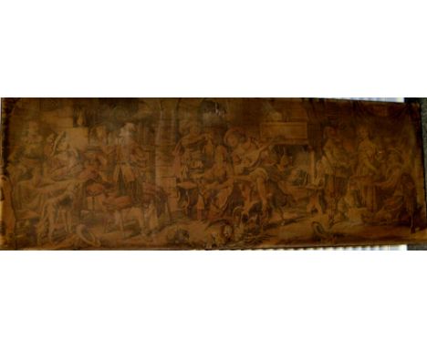 A 20th century Flemish woven  tapestry depicting a medieval tavern scene 