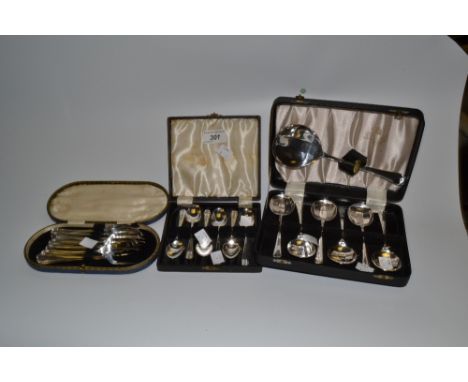 Flatware - a cased set of E.P.N.S coffee spoons; a cased set of E.P.N.S cake forks with serving fork; a cased set of E.P.N.S 