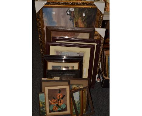 Pictures and Prints- rural landscapes, hunting scenes; gilt framed mirror; etc 