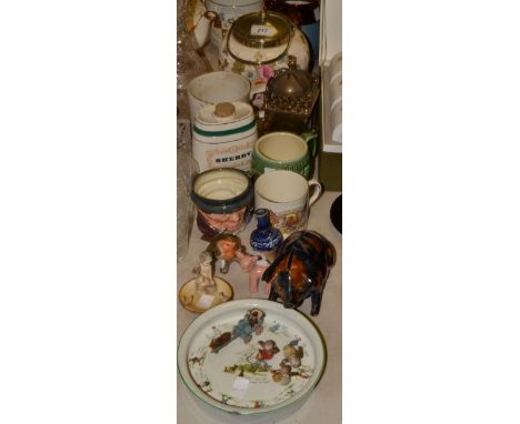 Ceramics - a Denby money pig, a Denby lamb, a Nursery Ware dish commemorative ware, Tony Weller, a Royal Doulton character ju