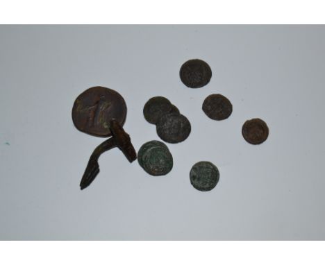 Metal Detecting Finds - a collection of Roman coins, a Hadrian sestertius, Roman brooch; etc (11)