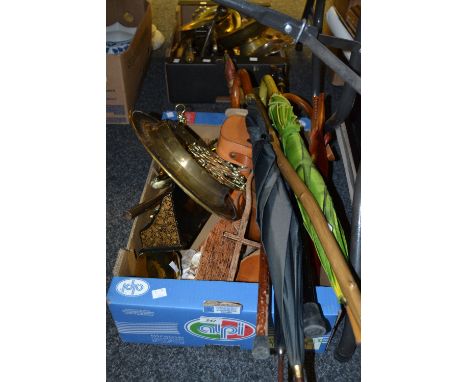 Household Goods - a brass meat scale, a brass cork screw, umbrellas, walking sticks, papier mache letter rack, leather cased 