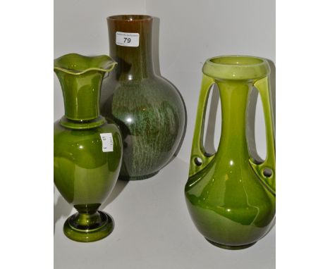 A Bretby Art Pottery Art Nouveau  vase, glazed in green, with long flared neck, angular handles, 25cm high, impressed mark, m