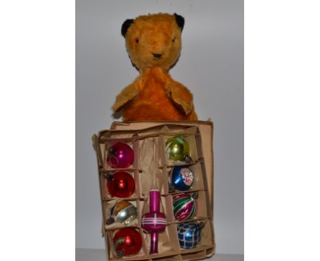 A Chad Valley Sooty hand puppet; vintage glass Christmas decorations