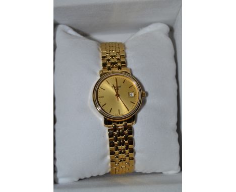 A Tissot lady's gold plated stainless steel wrist watch, gilt dial, baton markers, centre seconds, date aperture, articulated