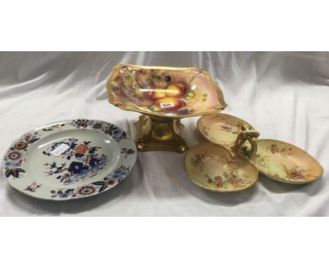 HAND PAINTED ROYAL WORCESTER FRUIT BOWL BY G. DELANEY, ROYAL WORCESTER NIBBLES DISH (REPAIRED) &amp; AN IRON STONE PLATE