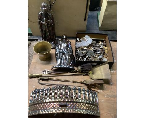 2 CAST METAL FIRESIDE COMPANION NIGHTS, APPROX 15'', NO TOOLS,ODD FIRESIDE TOOLS, 2 TRIVETS, FIRE GRATE SURROUND &amp; A CART