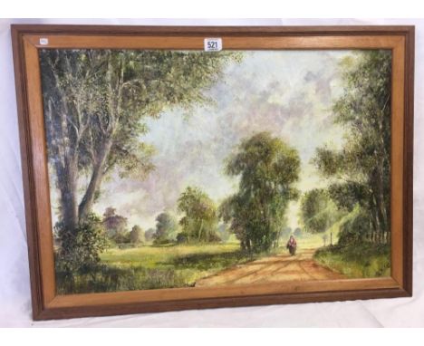 OIL PAINTING ON CANVAS, FIGURE ON A COUNTRY ROAD IN A WOODLAND LANDSCAPE. INDISTINCTLY SIGNED GRAHAM ????