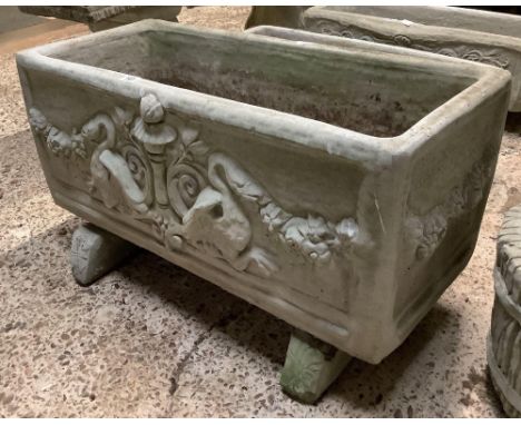 RE CONSTITUTED STONE PLANTER, APPROX 32'' LONG, 12'' DEEP &amp; 12'' WIDE ON 2 STONE FEET
