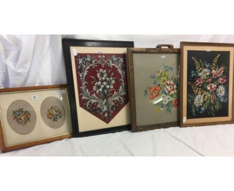 THREE VARIOUS WOOL WORK PICTURES &amp; A WOOL WORK FIRE SCREEN WITH OAK FRAME