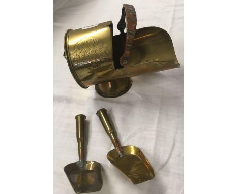 HEAVY BRASS FIRST WORLD WAR TRENCH ART COAL SCUTTLE &amp; 2 SHOVELS INSCRIBED, SOUVENIR YPRES 1917