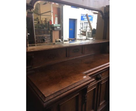 VICTORIAN LIGHT OAK BEVELLED EDGE MIRROR BACK ENCLOSED SIDEBOARD WITH CARVINGS &amp; FINIAL'S 75'' LONG X 26'' WIDE X 72'' HI