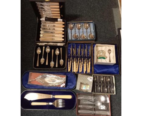 VARIOUS BOXES OF PLATED CUTLERY INCL; MAPPIN &amp; WEBB FISH SERVERS