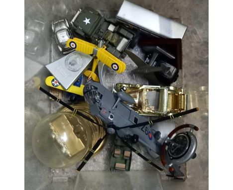 SMALL CARTON WITH MODEL AIRCRAFT, HELICOPTER, CARS &amp; A SMALL DOMED CLOCK