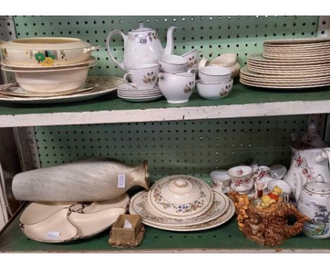 2 SHELVES OF NAMED CHINA DINNERWARE, TEA WARE ETC INCL; MYOTT, ALFRED MEAKIN ETC
