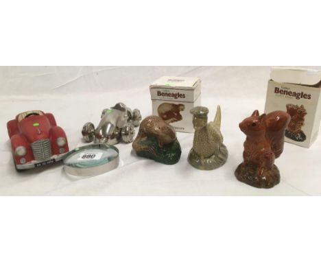 3 BESWICK ANIMAL FIGURES FROM THE BENEAGLES SCOTCH WHISKY COLLECTION, RED GOEBEL CAR &amp; A WHITE METAL CAR MAGNIFYING GLASS