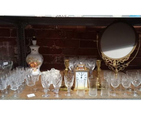 SHELF WITH VARIOUS SHERRY PORT GLASSES, AYNSLEY, MODERN BRASS SWIVEL TABLE MIRROR (NO MIRROR), CARRIAGE CLOCK &amp; 2 BRASS C