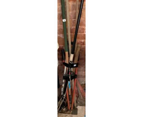 BUNDLE OF TOOLS INCL; BRANCH LOPPER, AXE, PICK AXE, LEAF RAKE &amp; LAWN EDGERS