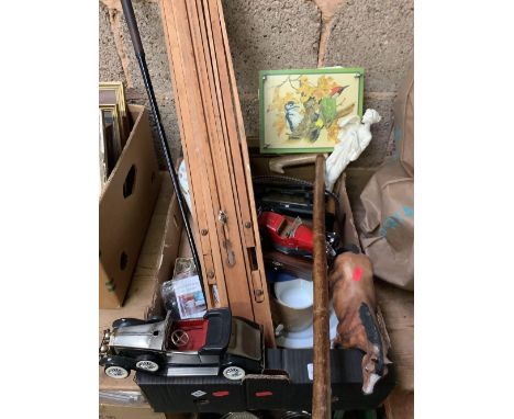 CARTON WITH ARTISTS EASEL, ROBERTS RADIO, HORN HANDLED WALKING STICK, A MODEL CAR RADIO, SPITFIRE POCKET KNIFE, FLOWER PRESS 