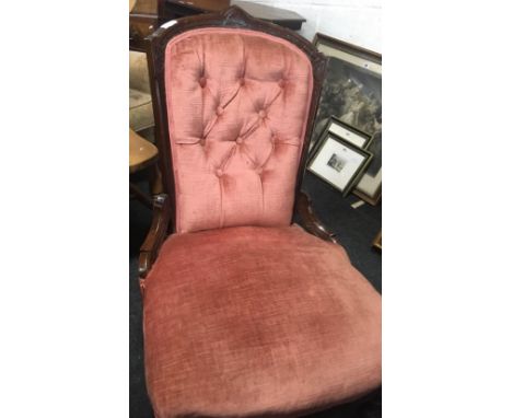 MAHOGANY FRAMED &amp; PINK UPHOLSTERED BUTTON BACK NURSING CHAIR