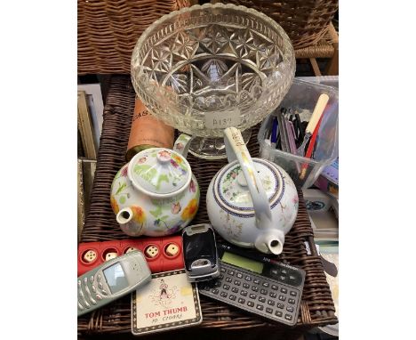 CARTON WITH 2 CHINA TEA POTS, GLASS BOWL, SAND TIMER &amp; VARIOUS VINTAGE MOBILE PHONES