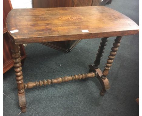 ANTIQUE MAHOGANY HALL TABLE WITH INLAID TOP &amp; BOBBIN TURNED LEGS