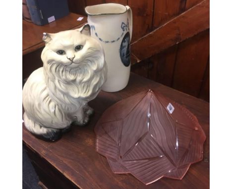 LARGE DECORATIVE ROYAL DOULTON JUG,12'' TALL, PLASTER 1920 CAT (CHIP TO EARS) &amp; ART DECO SHADE
