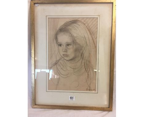 CHALK AND PENCIL DRAWING, PORTRAIT OF A YOUNG GIRL, INDISTINCTLY SIGNED