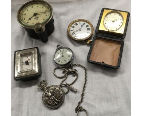 CARTON WITH 2 MODERN POCKET WATCHES, SMITHS DASHBOARD CLOCK, AN EIGHT DAY TRAVEL CLOCK WITHOUT CASE &amp; A MODERN SILVER MOU