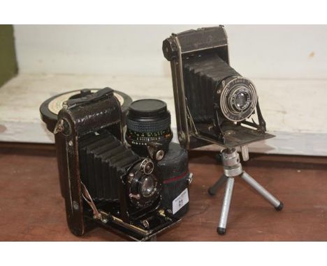 Two folding bellows cameras, together with a Minolta lens and a developer pot (a lot)