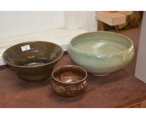 A Carolina M. Valvona large green glazed bowl, together with two brown bowls (3)
