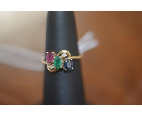 A five stone multi gem set ring with cross over setting, 14ct gold