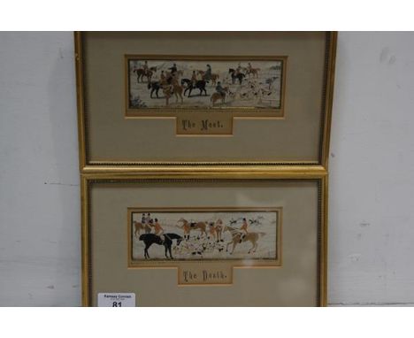A pair of hunting Stevenographs, The Meet and The Death, framed, 15.5cm x 25cm