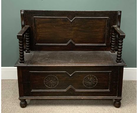 POLISHED & CARVED MONK'S BENCH, 80 (h) x 106 (w) x 46cms (d)Provenance: private collection Gwynedd