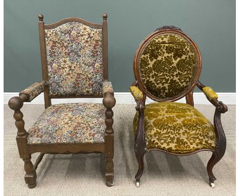 TWO UPHOLSTERED ANTIQUE ARMCHAIRS, with scroll supports, 111 (h) x 65 (w) x 54cms (d) and another tapestry example, 119 (h) x