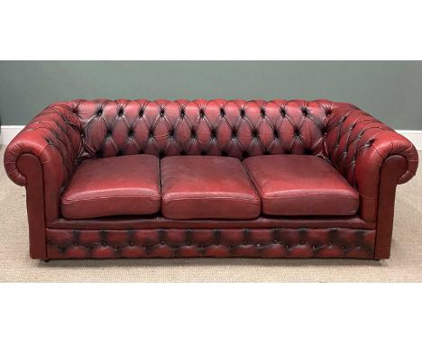 RED LEATHER THREE SEATER CHESTERFIELD SOFA 68 (h) x 208 (w) x 57cms (d)Provenance: private collection Conwy 