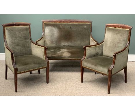 THREE PIECE DRAWING ROOM SUITE in green upholstery and with inlaid mahogany, the two seater sofa, 104 (h) x 125 (w) x 47cms (