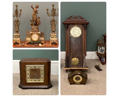 VARIOUS CLOCKS including spelter and onyx three piece garniture, two mantel clocks, Atlas clock and Vienna wall clockProvenan