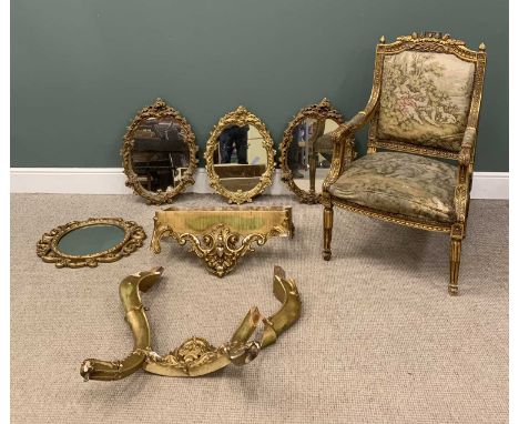 VARIOUS GILT FURNISHINGS to include console (A/F), 84 (h) x 73 (w) x 32cms (d), tapestry seated chair, 106 (h) x 66 (w) x 54c