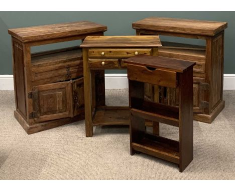 FOUR ITEMS OF MODERN HARDWOOD FURNITURE comprising two cabinets with swivel tops, 81 (h) x 76 (w) x 40cms (d), side table wit