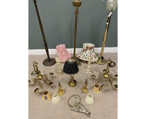 GROUP OF ASSORTED LIGHTING to include three standard lamps, brass chandeliers, glass lustre ceiling, pair of cherub table lam